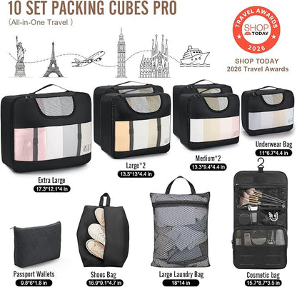 Veken 10 Set Packing Cubes for Travel Essentials,Anti-Wrinkle Buckled Suitcase Organizer for Shoe & Toiletry Bag,Carry On Luggage Bag with 99+ Count Mesh Holes for Airplane & College Dorm Accessories