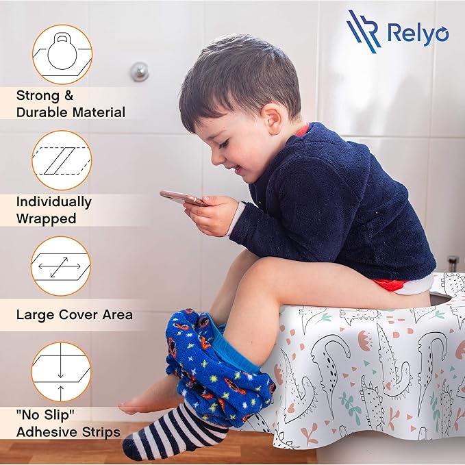Relyo Disposable Toilet Seat Cover for Travel – 20 Pack with Covers Wrapped in Sets of 2, Non-Flushable Liners, Fits Most Seats – Kids, Toddlers, Adults (Dinosaurs, 20)