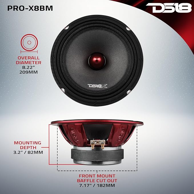 DS18 PRO-X8BM Loudspeaker - 8", Midrange, Red Aluminum Bullet, 550W Max, 275W RMS, 8 Ohms - Premium Quality Audio Door Speakers for Car or Truck Stereo Sound System (1 Speaker)