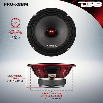 DS18 PRO-X8BM Loudspeaker - 8", Midrange, Red Aluminum Bullet, 550W Max, 275W RMS, 8 Ohms - Premium Quality Audio Door Speakers for Car or Truck Stereo Sound System (1 Speaker)