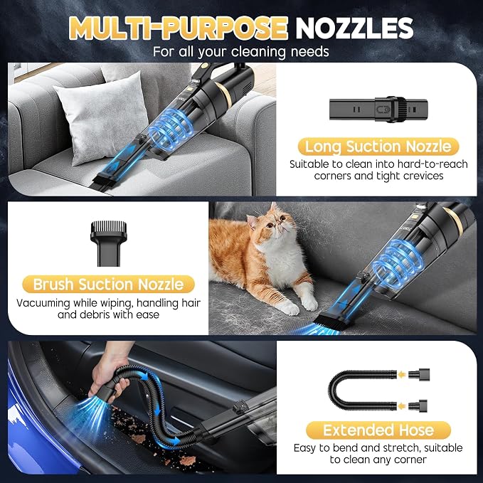 JONYJ Handheld Vacuum Cordless, 16000PA Strong Suction Hand Held Car Vacuum Cleaner, Portable Hand Vacuum Rechargeable with Multi-Nozzles & LED Light for Home, Car, Office, Pets