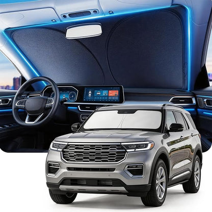 DMJN Front Windshield Sun Shade for Ford Explorer (2020-2026), [Nano Ice-Crystal Coatings] UPF50+ Heat & UV Block, Protect Car Interior & Keep Cool, Flodable Steel-Ring Car Cover for Summer