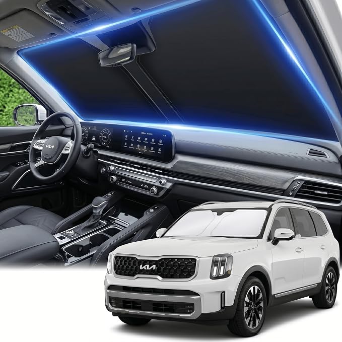 for Kia Telluride Windshield Sun Shade 2020-2025, Double Layer 240T Front Window Shade, Custom Fit UV Blocking Foldable Sun Visor, Summer Car Accessories Must-Have