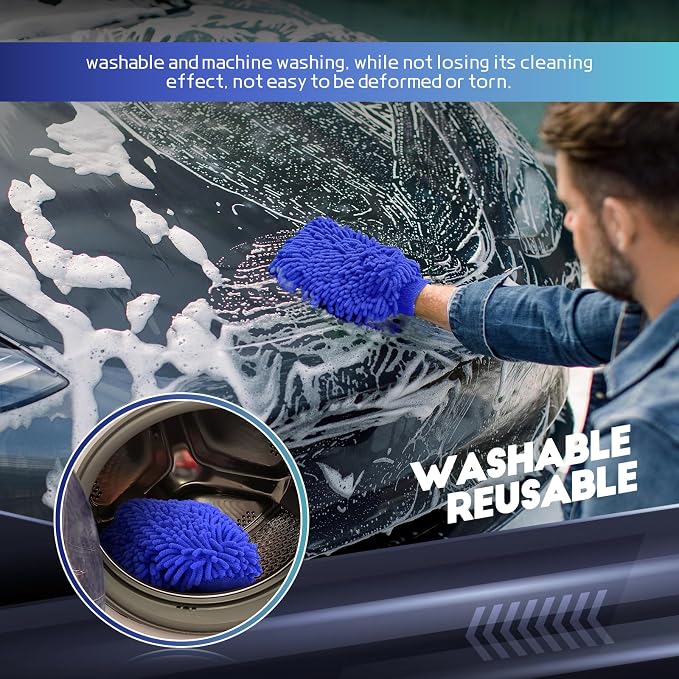 wuyaoyao 2PCS Car Wash Mitt, 10.14"×7.12" Chenille Microfiber Car Wash Mitts, Scratch-Free & Lint-Free, Absorbent Double Sided Clean Glove for Cars Cleaning, Auto Cleaning Supplies (Dark Blue)