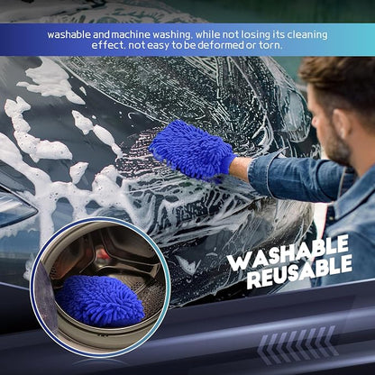 wuyaoyao 2PCS Car Wash Mitt, 10.14"×7.12" Chenille Microfiber Car Wash Mitts, Scratch-Free & Lint-Free, Absorbent Double Sided Clean Glove for Cars Cleaning, Auto Cleaning Supplies (Dark Blue)