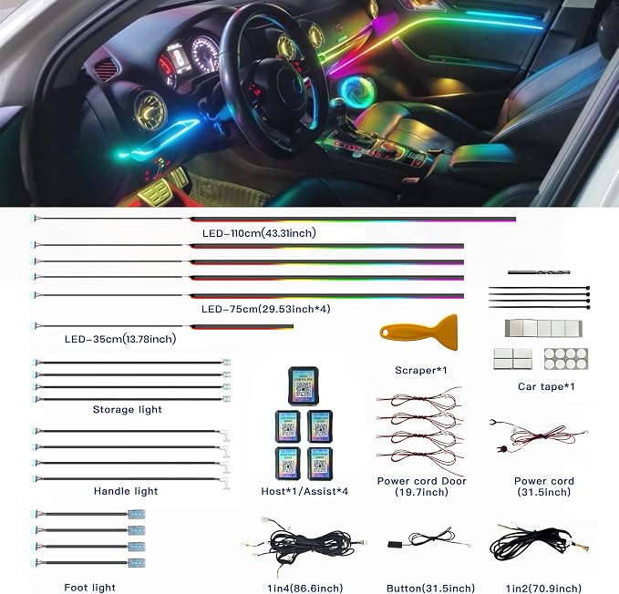 KENANEK Ambient Lighting Car Interior LED Strip Lights 18-in-1, 43.31inch Acrylic Dreamcolor Car Ambient Lighting Kit with Music Sync, APP Control, Interior LED Lighting for Cars SUVs Trucks