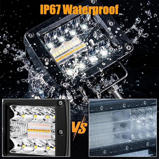 4 Inch LED Driving Pods, 120W Amber Spot Flood Combo Triple Row Off Road Light Bar with Wiring Harness, 6 Modes Dual Color Amber White Auxiliary Flashing Fog Light for Trucks SUV ATV UTV Jeep Boat