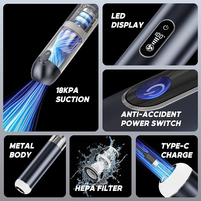Car Vacuum Cleaner, Portable Cordless Handheld Vacuum with 18,000PA Suction, 3 Power Modes, Metal Body & LCD Display & LED Light, Mini Vacuum for Car, Home, Office, and Pet Cleaning