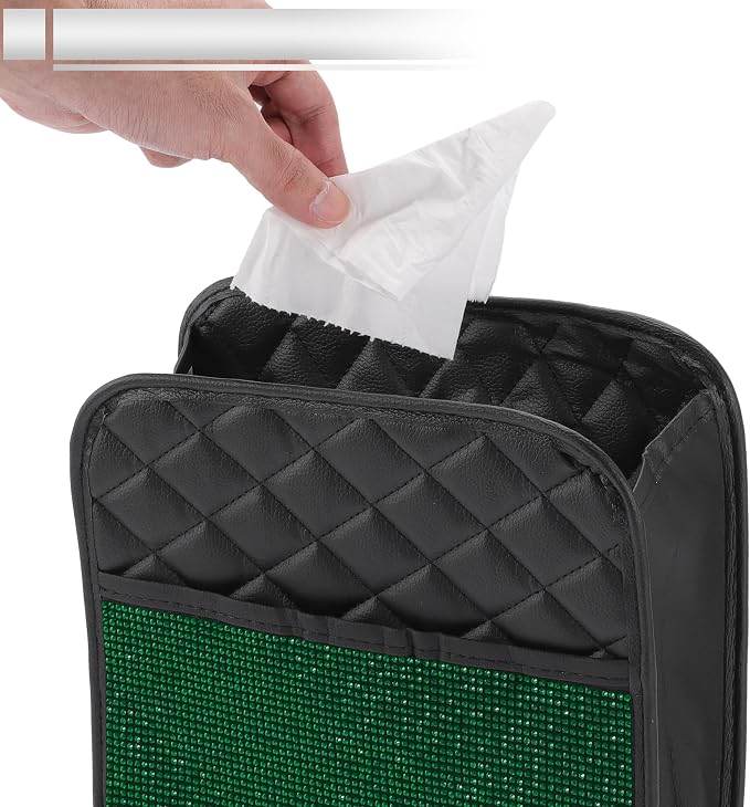 1 Pcs Universal Car Trash Can Hanging 10.2" Length 3.5" Width 10.2" Height Trash Bin Green Black Faux Leather Rhinestone
