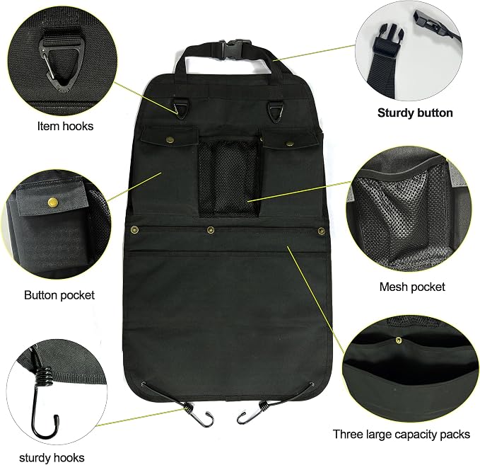 Black Car Seat Back Organizer with Multiple Pockets and Hooks