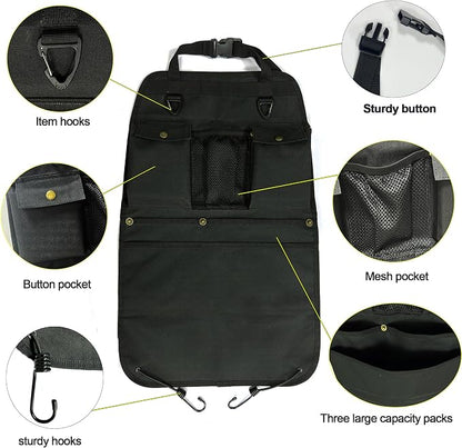 Black Car Seat Back Organizer with Multiple Pockets and Hooks