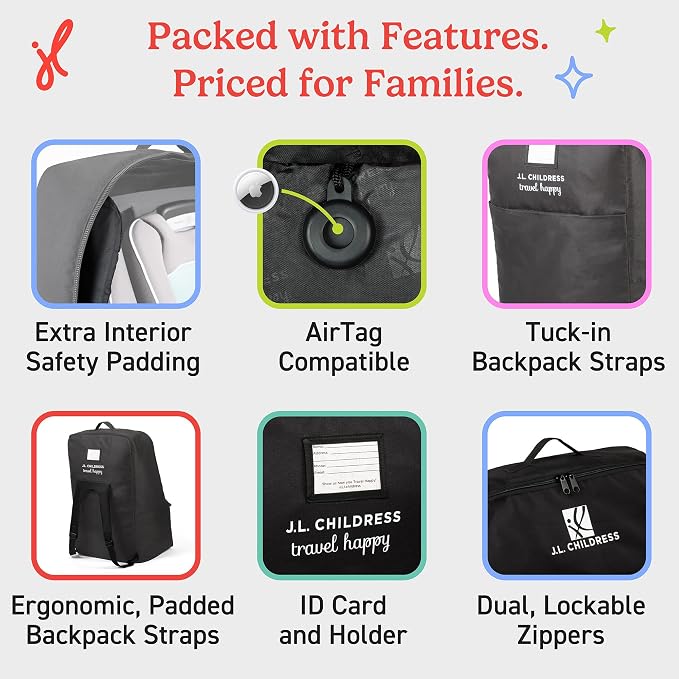 J.L. Childress Padded Backpack Car Seat Bag - Car Seat Travel Bag for Airplane, Fits Most Baby & Infant Carriers & Bootsters, Accessories for Gate or Baggage Check, AirTag Compatible - Deluxe, Black