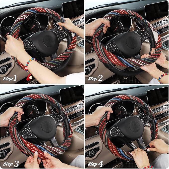 SEG Direct Boho Steering Wheel Cover with Baja Blanket Cloth, Ethnic Style Auto Wheel Cover Made of Coarse Flax, Fits 14 1/2-15 1/4 inches Car Wheel