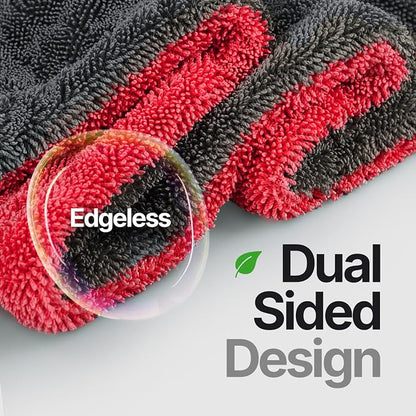 Crystal Clean 1300GSM Microfiber Towels for Cars – XL Drying Towel with Double Twisted Loop, Professional Detailing Towel Car Detailers - Quick Dry, Paint Safe & Swirl-Free (Grey+Red)