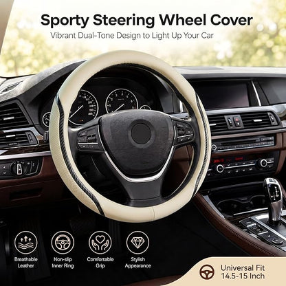 Car Steering Wheel Cover Beige, 14.5-15 inch Steering Wheel Covers with Coasters Microfiber Leather Carbon Fiber Breathable Anti-Slip Durable Universal Auto Steering Wheel Protective