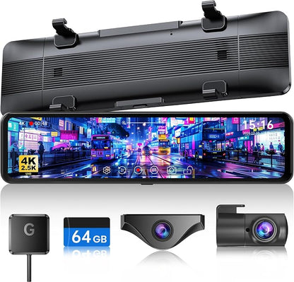 JOMISE T860+ Mirror Dash Cam 4K Front and 2.5K Rear, Detached Front Camera for 10-Minute Install, 3X Zoom Rear View Mirror Camera, 64GB Card Included, Night Vision, WDR, Parking Assist, GPS