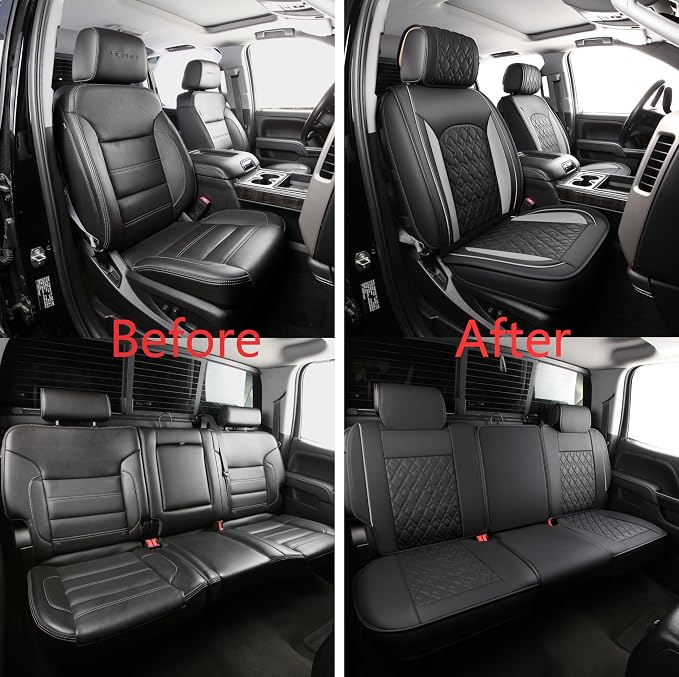 JOJOBAY Chevy Silverado Seat Covers,Leather Seat Covers for GMC Sierra,Custom Fit 2007-2024 1500 2500HD 3500HD Crew Double Extended Regular Cab,LT LZT RST(Full Set,Black Grey)