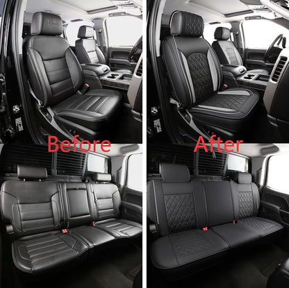 JOJOBAY Chevy Silverado Seat Covers,Leather Seat Covers for GMC Sierra,Custom Fit 2007-2024 1500 2500HD 3500HD Crew Double Extended Regular Cab,LT LZT RST(Full Set,Black Grey)