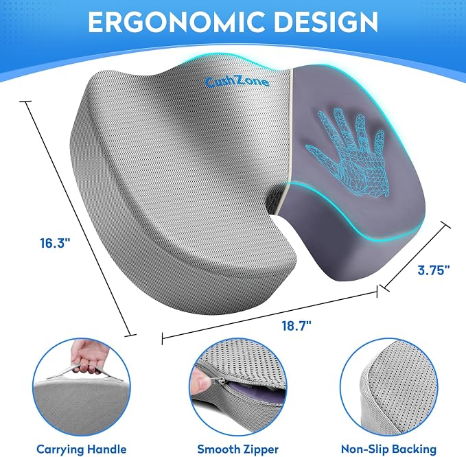 CushZone Seat Cushion, Office Chair Cushions, Car Seat Cushion, Non-Slip Sciatica & Back Coccyx Tailbone Pain Relief Chair Pad, Memory Foam (Large,Light Grey)