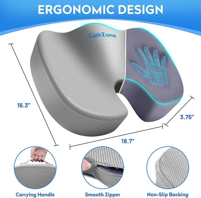 CushZone Seat Cushion, Office Chair Cushions, Car Seat Cushion, Non-Slip Sciatica & Back Coccyx Tailbone Pain Relief Chair Pad, Memory Foam (Large,Light Grey)