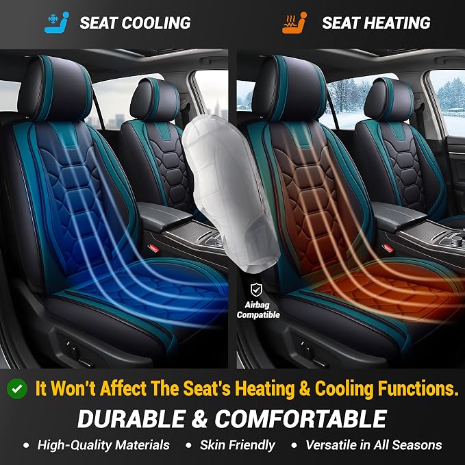 OASIS AUTO Car Seat Covers Full Set, Sporty Faux Leather with Honeycomb Pattern, Waterproof Universal Fit for SUV, Sedan, Pick-up Truck, Automotive Interior Accessories (OS-004 Black&Teal)