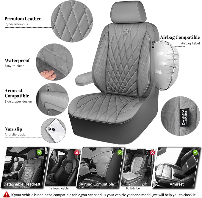 CAR PASS Piping Luxury PU Leather Two Front Car Seat Covers, Waterproof Anti Slip Seat Covers Compatible with Front Seat Armrests,Universal Fit for Suvs,Vans,Trucks,Airbag Compatible(All Gray)