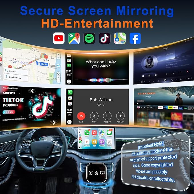 2026 4-in-1 CarPlay Adapter Wireless CarPlay + AirPlay + Android Auto + MirrorLink | Plug-&-Play for iPhone 10+ & Android 11+ | USB-A & Type-C Dual Ports (Colorful)