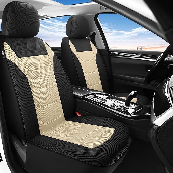 Pariiaotin 3D Air Mesh Car Seat Cover Front Sets Washable and Breathable Premium Cloth Automotive Vehicle Seat Covers for Cars Interior, Universal Fit for Most Cars, Sedan, Truck, SUV(Black/Beige)