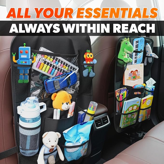 2 Pcs Backseat Car Organizer - Travel-Ready 23.4x16" Back Seat Car Organizer with 9 Large Pockets & Clear Tablet Holder, Made of Reliable Polyester with Long and Strong Straps - Easy to Attach & Clean