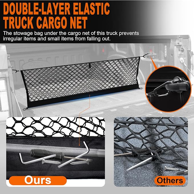 Truck Bed Cargo Net for Ford F150 2015-2024 2025, Envelope Style Pickup Cargo Net with Storage Bag, Heavy Duty Elastic Mesh Organizer with Carabiners, Secures Groceries & Gear