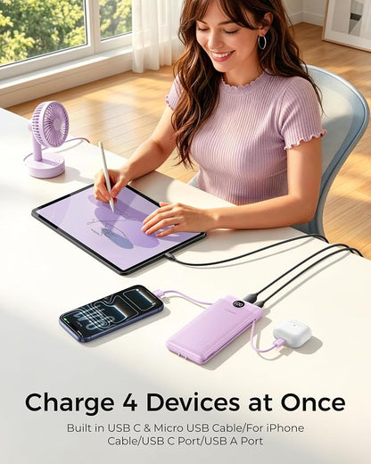 VEGER Portable Charger Power Bank with Built-in AC Plug and Cables, All in One 10000mAh Ultra Slim Travel Essentials, Fast Charging Battery Pack Compatible with iPhone, Samsung, Android, Purple
