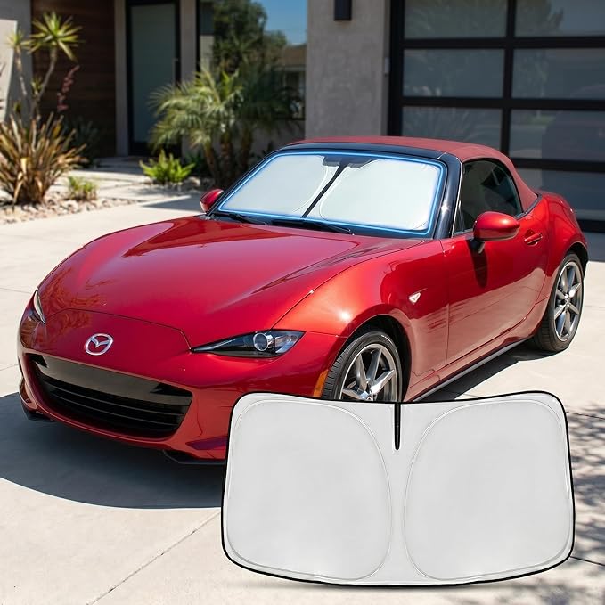 Custom Fit Windshield Sun Shade for Mazda MX-5 Miata Convertible 2016-2026 | Custom Fit Windshield Cover, Blocks UV Rays, Double-Layer Heat Shield, Durable Frame, Easy Fold & Storage