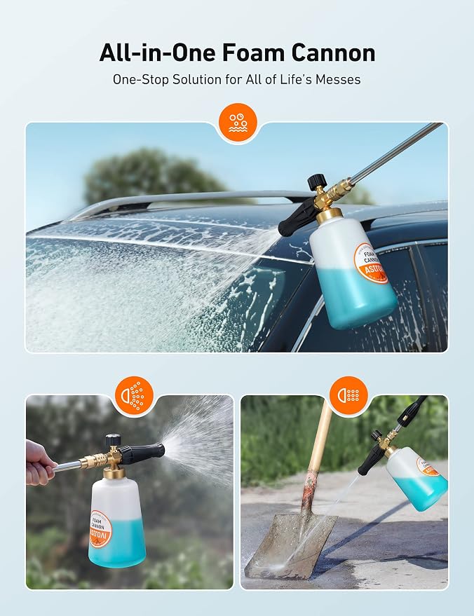 AstroAI Foam Cannon, Heavy Duty Car Foam Sprayer, Wide Metal Neck, Adjustable Thick Snow Foam Lance for Pressure Washer with 1/4" Quick Connector, Ideal for Various Cleaning Tasks, 1.5L Bottle