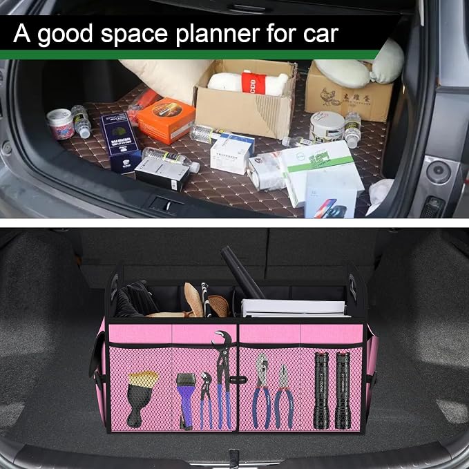 Femuar Car Trunk Organizer,Car Storage Organizer with 72L Large Capacity Waterproof Collapsible and 11 Pockets,Trunk Organizer for Car Suv/Jeep/Sedan, Large Size, Pink