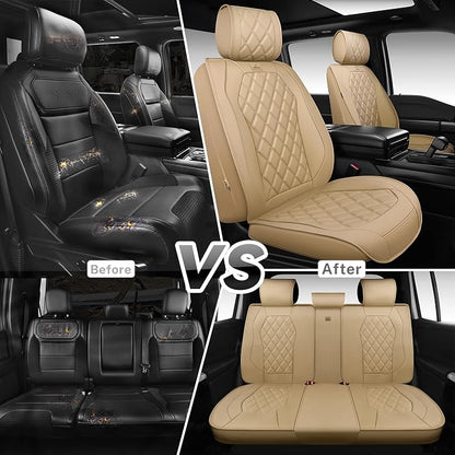 CAR PASS Luxury Nappa Leather Seat Covers Full Set, 3D Rhombus Waterproof Faux Leather Seat Covers, Universal Automotive Seat Cushion Fit for Most Sedan SUV Truck Van, Armrest Airbag Compatible Beige