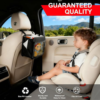 Car Organizer Bag for Back Seat Front Seat or Between Seats Premium PU Leather Hanging Storage Caddy with Tablet Holder Tissue Box Cup Bottle Holders Mesh Pockets for Kids Adults