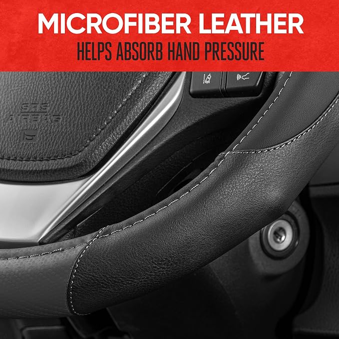 Motor Trend GripDrive Gray Carbon Fiber Steering Wheel Cover, Standard 15 inch Size, Black Faux Leather Comfort Grip, Car Steering Wheel Cover for Auto Truck Van SUV