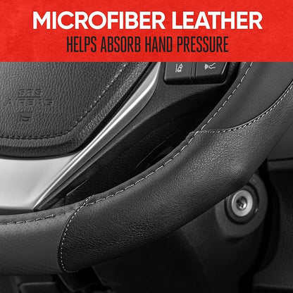 Motor Trend GripDrive Gray Carbon Fiber Steering Wheel Cover, Standard 15 inch Size, Black Faux Leather Comfort Grip, Car Steering Wheel Cover for Auto Truck Van SUV