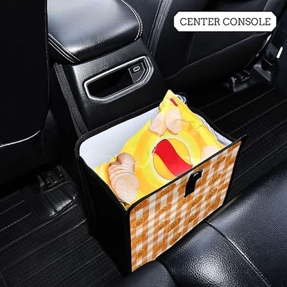 Car Trash Can Organizer Bin with Adjustable Strap for Back Front Seat Console Waterproof Leakproof Collapsible Portable 8.66 Inch Halloween Orange Plaid Pumpkin Heads