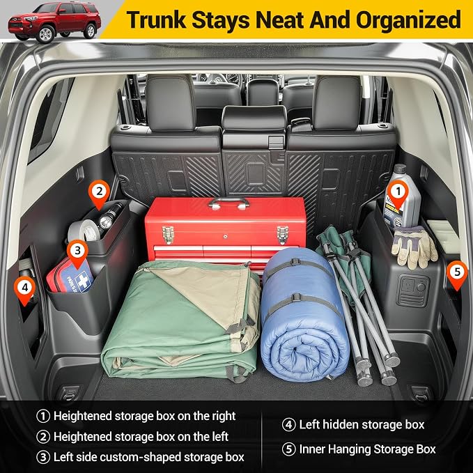 Rear Trunk Organizer for 2010-2024 Toyota 4Runner 5-Seat 2nd Row Without Speaker Accessories, Storage Bin Trunk Storage Box Cargo Tray for 10-24 4 Runner(5Pcs Trunk Organizer,Not for 7-Seat)