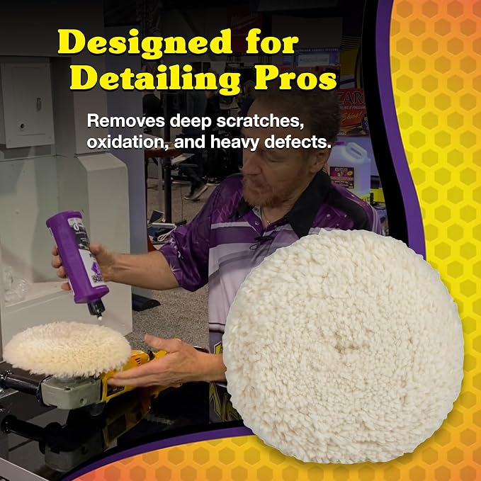 Wizards Fast Cut Wool Buffing Pad - Twisted Wool ‎and Velcro-Backed Wax Applicator Pad - for Auto Detailing, Cleaning and Protection - Aggressively Cuts Without Burning Paint - 7½" x 1"