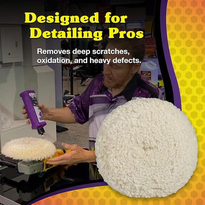 Wizards Fast Cut Wool Buffing Pad - Twisted Wool ‎and Velcro-Backed Wax Applicator Pad - for Auto Detailing, Cleaning and Protection - Aggressively Cuts Without Burning Paint - 7½" x 1"