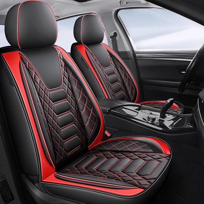 FREESOO Car Seat Covers Leather, Seat Cover Full Set Waterproof Automotive Cushion Protector Accessories Airbag Compatible Universal Fit for 5 Seats Vehicle (Black Red 8)