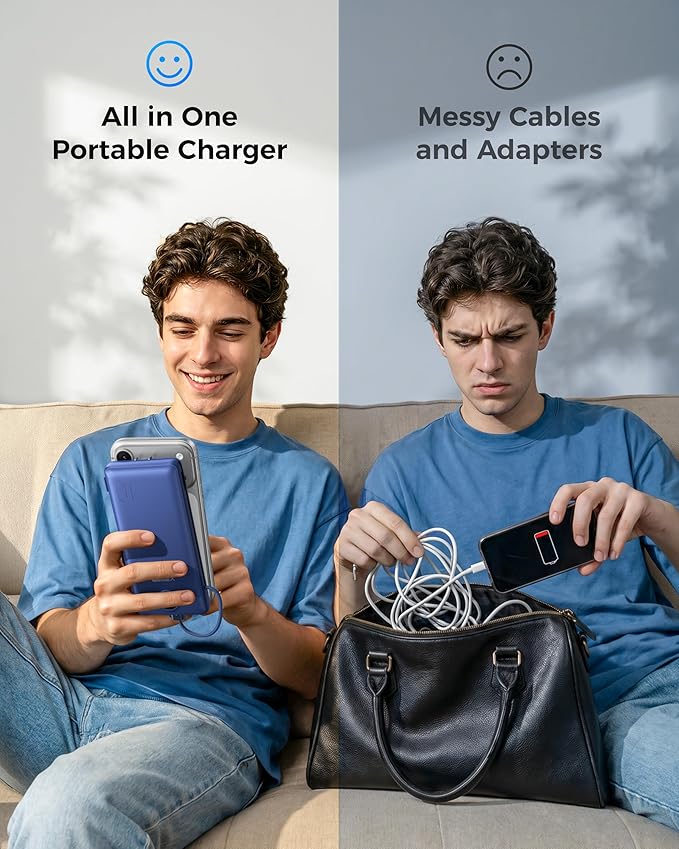VEGER Portable Charger with Built-in AC Plug and Cables, All in One 10000mAh Ultra Slim Power Bank Emergency Fast Charging for Travel Battery Pack Compatible with iPhone, Samsung, Android, Navy