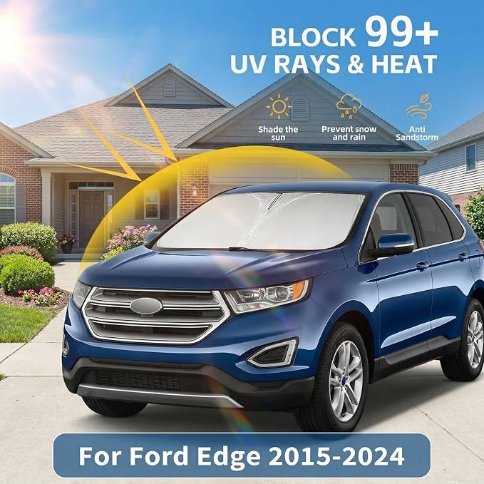 Windshield Sun Shade for Ford Edge 2015-2024 Double Layer 240T Front Window Shade Custom Fit Edge Sun Visor Foldable Shade Blocks UV Rays Summer Must Have Car Accessories