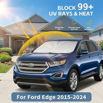 Windshield Sun Shade for Ford Edge 2015-2024 Double Layer 240T Front Window Shade Custom Fit Edge Sun Visor Foldable Shade Blocks UV Rays Summer Must Have Car Accessories
