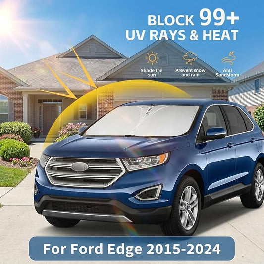 Windshield Sun Shade for Ford Edge 2015-2024 Double Layer 240T Front Window Shade Custom Fit Edge Sun Visor Foldable Shade Blocks UV Rays Summer Must Have Car Accessories