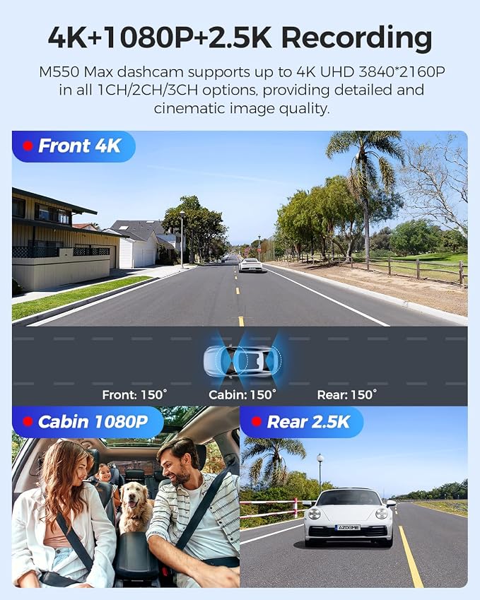 AZDOME M550 Max 4K 3 Channel Dash Cam, Dual STARVIS Sensors, 4K+2.5K+1080P Front and Rear Inside Triple Car Camera, Built-in WiFi GPS, 64GB Card Included, IR Night Vision, Ride Share Accessories