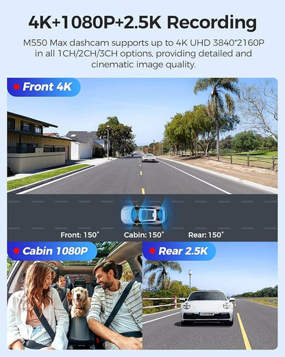 AZDOME M550 Max 4K 3 Channel Dash Cam, Dual STARVIS Sensors, 4K+2.5K+1080P Front and Rear Inside Triple Car Camera, Built-in WiFi GPS, 64GB Card Included, IR Night Vision, Ride Share Accessories