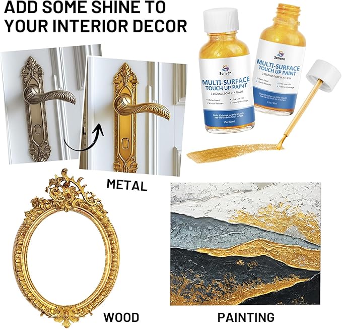 SENVEN Liquid Gold Leaf Paint High Gloss Multi Surface Rich Gold Paint for Metal, Wood, Plastic, Canvas, Appliance, Furniture Scratch Repair & Art Handcrafts 30ml/1.5oz Fast Drying Acrylic Metallic Finish
